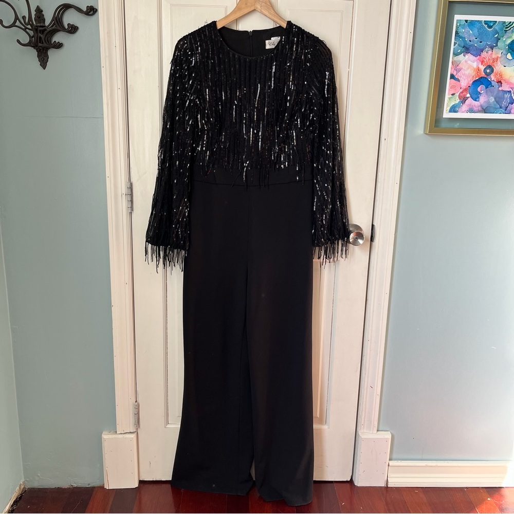Eliza J Sequin Fringe Long Sleeve Jumpsuit Black 8 Evening Black Tie - Picture 7 of 14